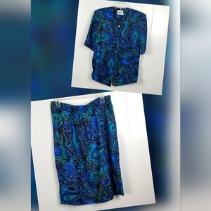 Vintage Leslie Fay Petite Blue & Green Wmns 16 Two Piece Outfit Blouse &…